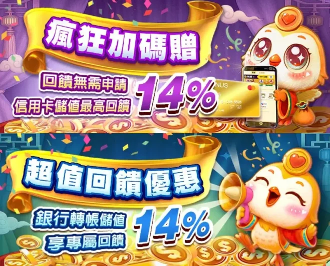 銀行轉帳、信用卡 等方式進行儲值，即可享受 14% 的回饋